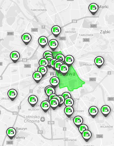 Schemat 2. Mapa baz 4Mobility oraz strefy bezpłatnego parkowania Źródło: Emitent Na dzień sporządzenia Dokumentu Informacyjnego Emitent posiada w swojej flocie 52 samochody marki BMW i Mini.