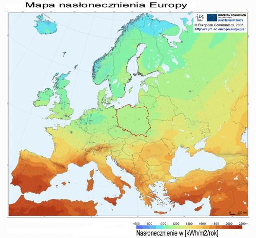 Rysunek 17. Potencjał wykorzystania energii słonecznej na terenie Europy (http://www.zielonaenergia.eco.pl).
