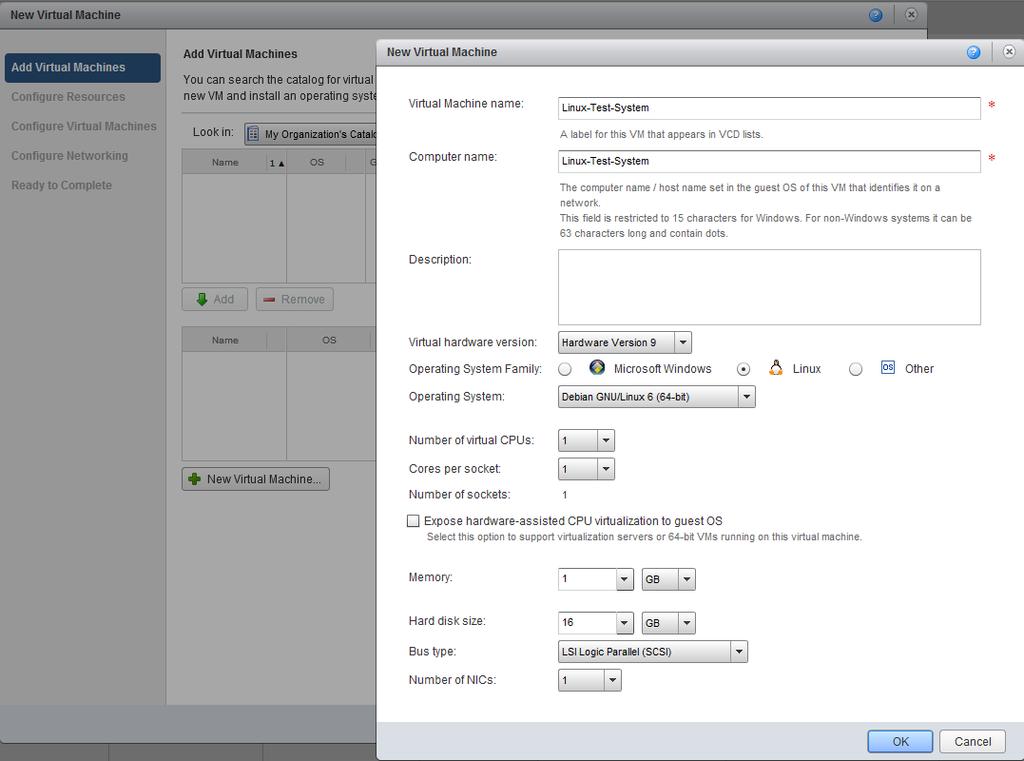 3.1 Tworzenie nowej maszyny W celu utworzenia nowej maszyny wirtualnej: Uruchamiamy kreator dodawania maszyny do vapp Na karcie Add Virtual Machines klikamy przycisk New Virtual Machine Uruchomi się