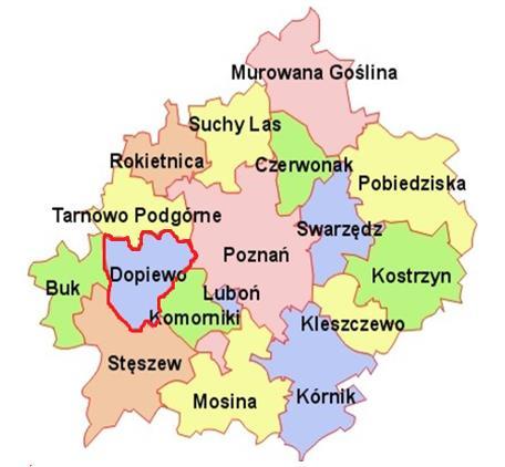 III.3. STAN OBECNY Gmina wiejska Dopiewo (52 22 00 N 16 41 00 E) położona jest w województwie wielkopolskim, w powiecie poznańskim.