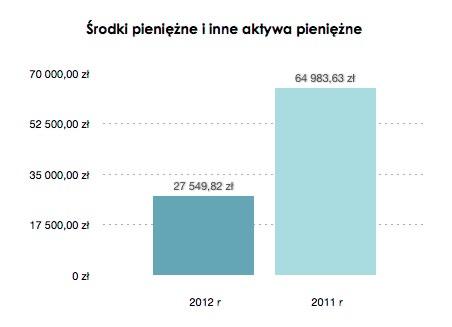 Środki pieniężne i inne aktywa pieniężne Środki pieniężne oraz inne aktywa pieniężne w 2012 roku wyniosły 27 549,82 PLN, w 2011 roku wynosiły natomiast 64 983,63 PLN.