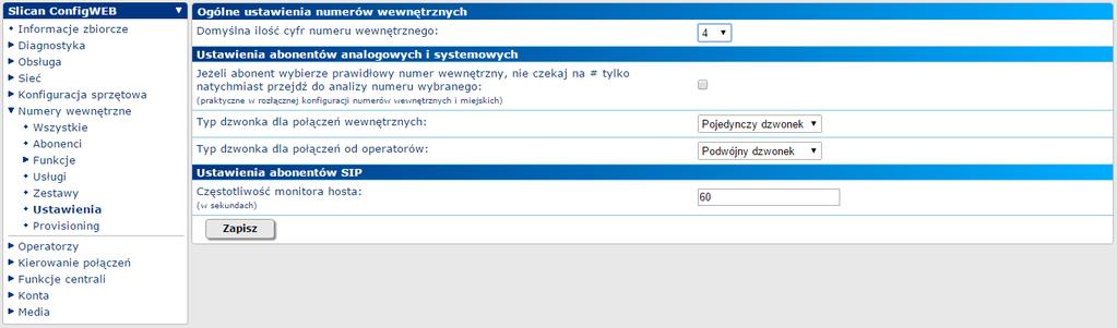 USTAWIENIA ilość cyfr numeru wewnętrznego (max.