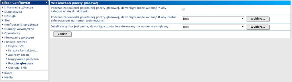 FUNKCJE CENTRALI Poczta głosowa konfiguracja ustawień: logowanie do skrzynki dzwoniący może wcisnąć 0 aby