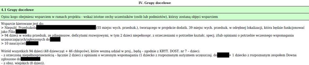 Grupy docelowe W tym miejscu należy opisać, kogo wnioskodawca obejmie wsparciem w ramach projektu oraz wskazać - w oparciu o ogólnodostępne dane oraz ewentualnie własne dane będące w posiadaniu