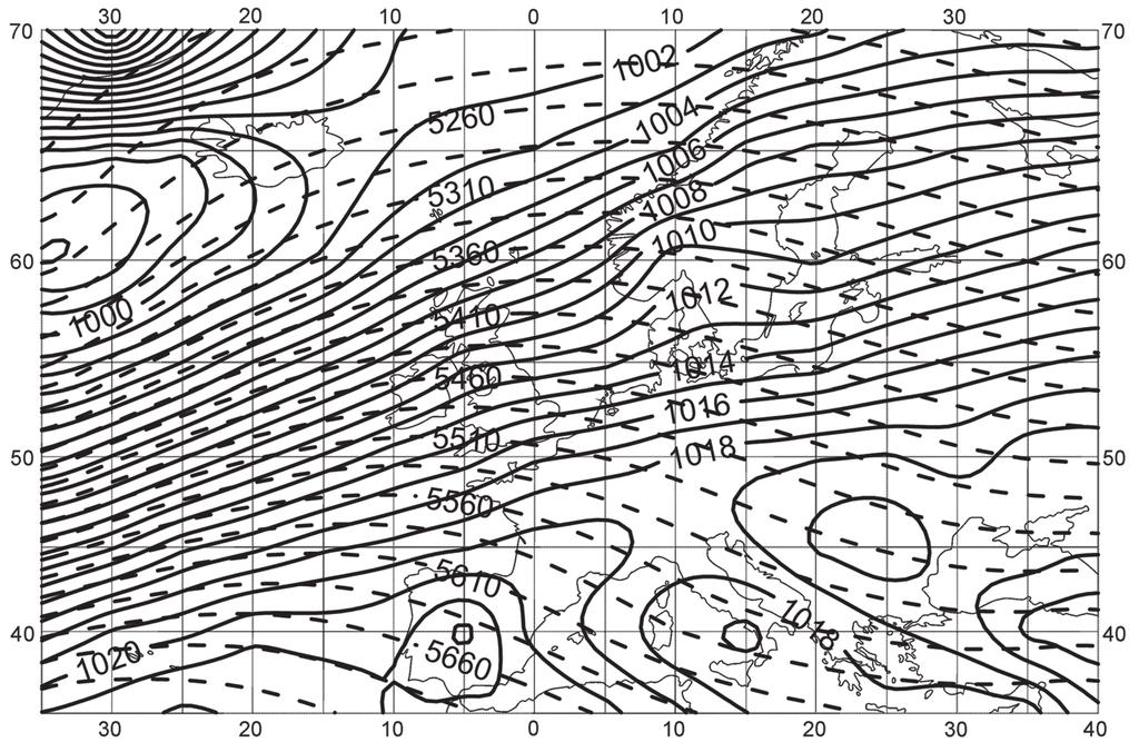 264 arkadiusz M. TOMCZYK Ryc. 4. Średnie dla miesięcy zimowych (grudzień luty) ciśnienie na poziomie morza (linia ciągła) oraz wysokość powierzchni izobarycznej 500 hpa (linia przerywana) Fig. 4. Averages for winter months (December February) a pressure on the sea level (solid lines) and height of isobaric area 500 hpa (dashed lines) T min 11,6 C.