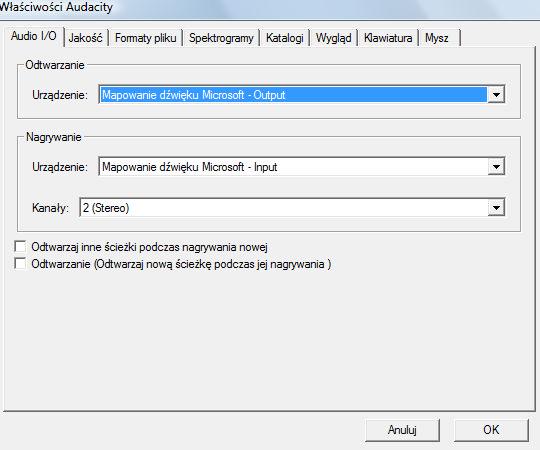 Zapisywanie plików Okno właściwości, zakładka urządzenia wejścia/wyjścia (Audio I/O) Program Audacity umożliwia zapisywanie plików muzycznych w postaci WAVE, MP3, OGG oraz wewnętrznego projektu AUP.