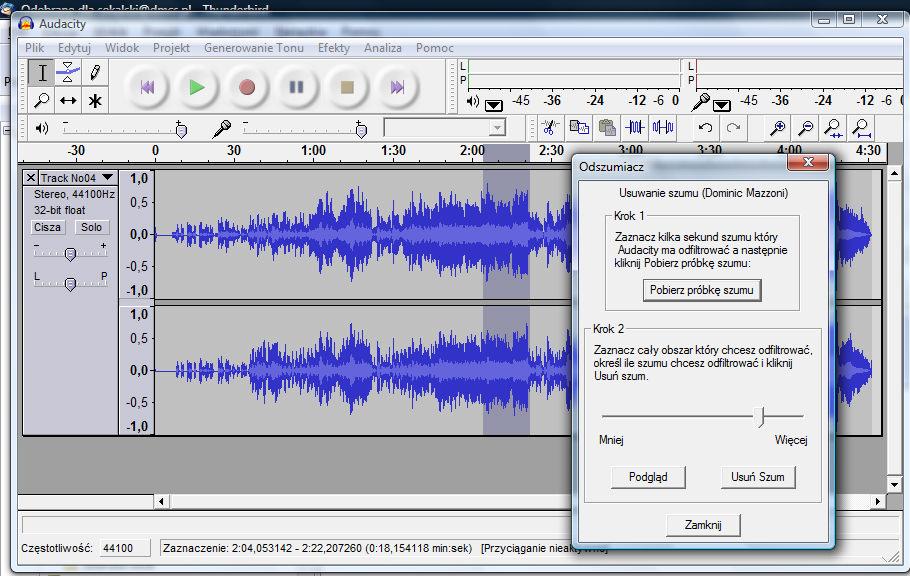 Usuwanie szumu przy pomocy Audacity. Ważnym aspektem eliminacji szumu jest prawidłowy dobór fragmentu zaszumionego. Na jego podstawie tworzony jest wzorzec, który będzie usuwany z nagrania.