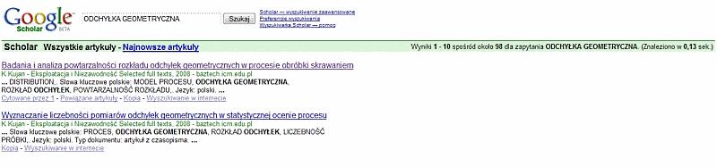 Rys. 1. Wyszukiwanie w Google Scholar według wyraŝenia z artykułu z czasopisma indeksowanego przez bazę BazTech Źródło: Google Scholar. czy autora: Rys. 2.