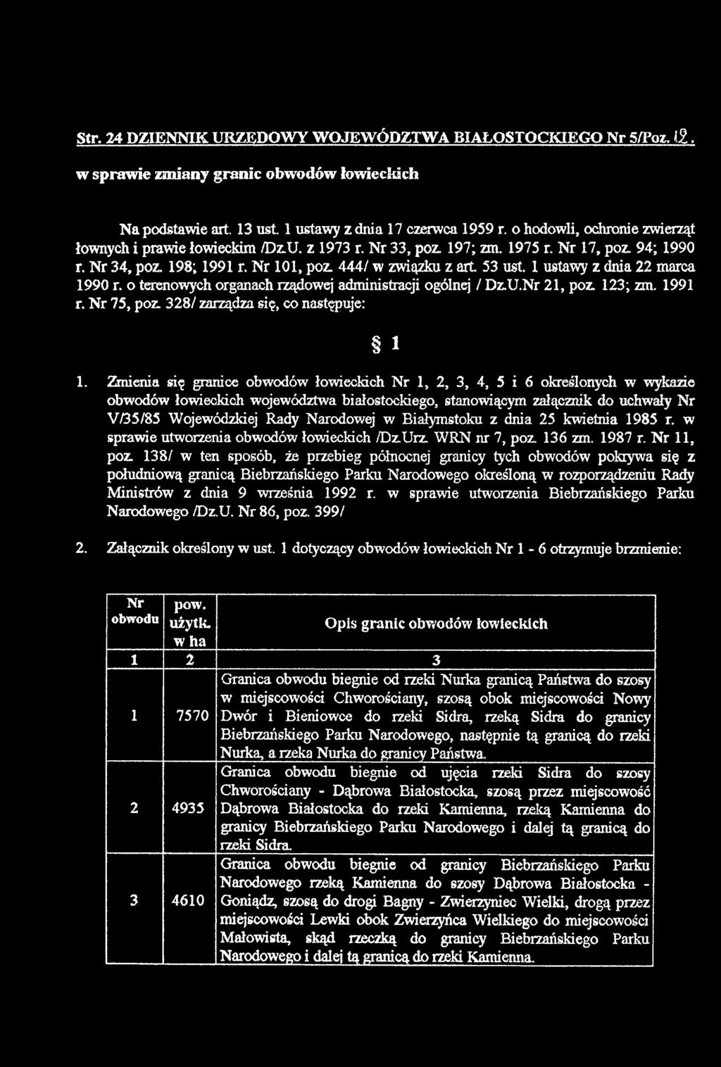 Narodowej w Białymstoku z dnia 25 kwietnia 1985 r. w sprawie utworzenia obwodów łowieckich /DzUrz. WRN nr 7, poz. 136 zm. 1987 r.