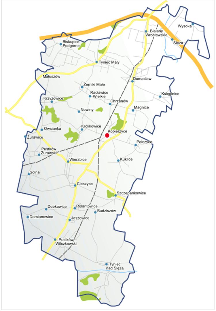 Mapa 3. Mapa gminy Kobierzyce Źródło: http://www.kobierzyce24.pl/plan-gminy-kobierzyce,s43.html (01.04.2016) Gmina Kobierzyce, według stanu na 31.12.2014 roku, liczyła 18 642 mieszkańców.