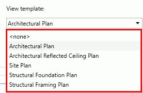 Lista rozwijalna zawiera wszystkie szablony widoku utworzone w modelu programu Revit.