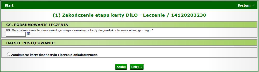 Rysunek 1-7 Przykładowa lista kart diagnostyki i leczenia onkologicznego Na Liście kart diagnostyki i leczenia onkologicznego karta, dla której został wprowadzony etap Leczenie otrzyma status