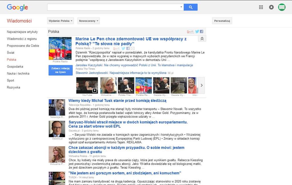 Serwisy informacyjne w jednym miejscu Wiadomości Google są połączeniem informacji z Onet.pl, WP.pl, Gazety.pl, TVN.