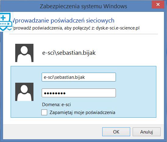 Rys. 1.6: Mapowanie dysku sieciowego Po naciśnięciu przycisku Zakończ, pojawi się okno z danymi do logowania. Należy wybrać opcję Użyj innego konta, a następnie uzupełnić Nazwę użytkownika i Hasło.