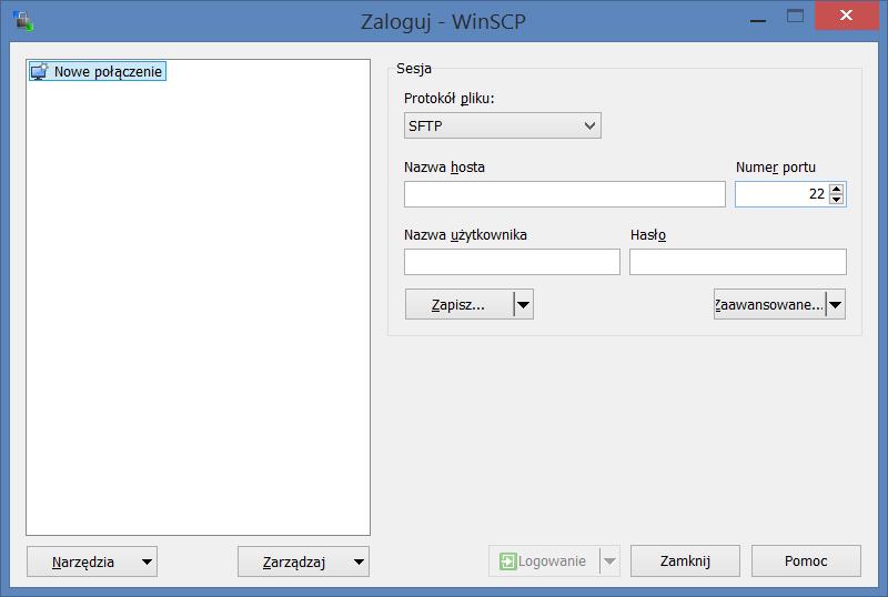 1 Instrukcja Rys. 1.9: Interfejs aplikacji WinSCP służący do konfiguracji połączenia z zasobem sieciowym poprzez protokół SFTP Rys. 1.10: Okno aplikacji WinSCP pozwalające na zapisanie sesji Po zapisaniu ponownie zostanie wyświetlony interfejs konfiguracji.