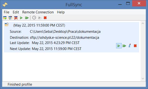 1.6 Korzystanie z wybranych funkcji Dysku sieciowego Rys. 1.46: Ręczne uruchamianie profilu synchronizacji w aplikacji FullSync UWAGI Synchronizacja odbywa się do ostatniej wykonanej operacji.