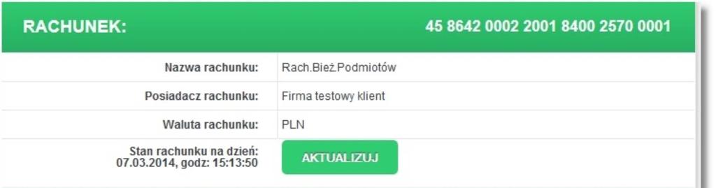 Na tej stronie wyświetlona jest również informacja na jaki dzień i godzinę prezentowany jest stan rachunku. Przycisk [AKTUALIZUJ] pozwala na pobranie bieżących wartości.