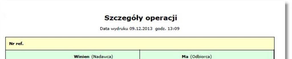 [POWRÓT] - umożliwia powrót do listy operacji [DRUKUJ] - pozwala na wyświetlenie danych operacji w formacie gotowym do wydruku, a następnie wydruk na drukarkę [Pobierz PDF]