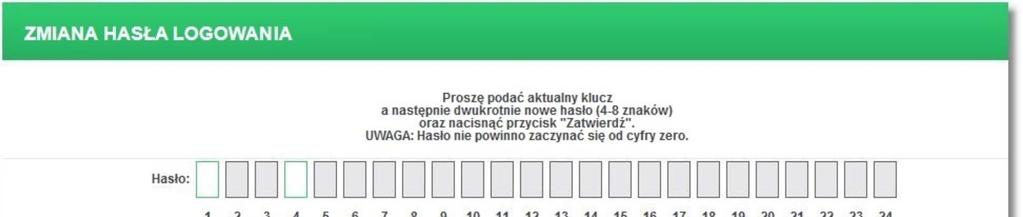 System kontroluje długość hasła maskowalnego, w przypadku wprowadzenia nieprawidłowej długości hasła prezentowany jest komunikat: "Wpisane hasło ma nieprawidłową długość. Należ podać 10-24 znaków.