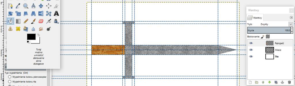 [14/45] GIMP Rysunek 23. Wypełnienie rękojeści deseniem Kolejnym elementem tworzącym miecz będzie czarna pionowa osłona. 1.