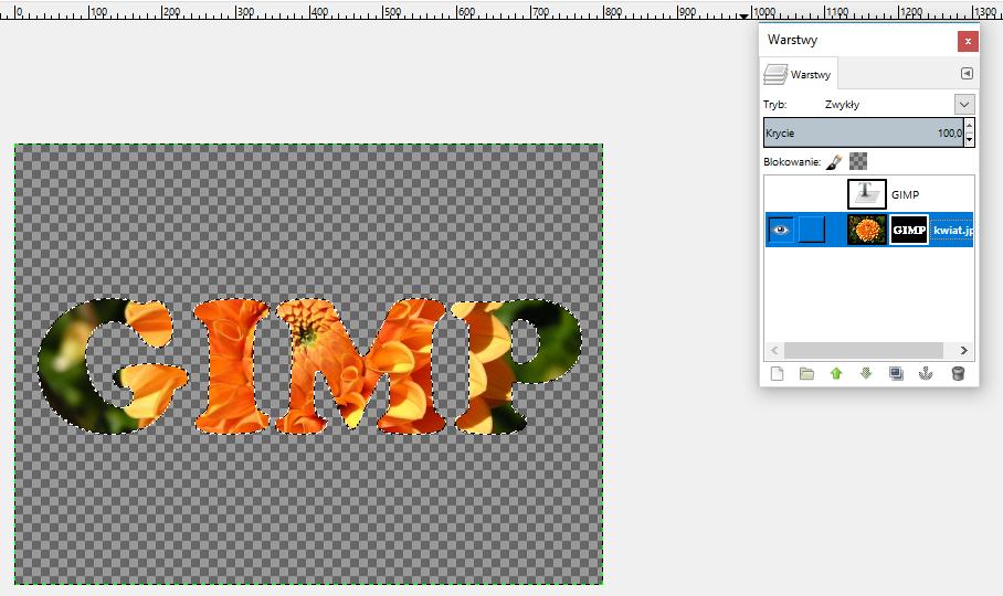 [42/45] GIMP W ten sposób obszar znajdujący się poza tekstem zostanie ukryty. Zdjęcie widoczne jest już tylko w obszarze zajmowanym przez tekst.
