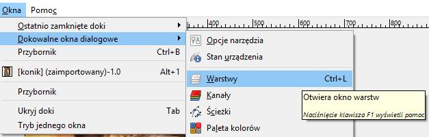 Aby wszystkie warstwy były widoczne na ekranie, należy z menu Okna wybrać Dokowane okna dialogowe, a następnie Warstwy Rysunek