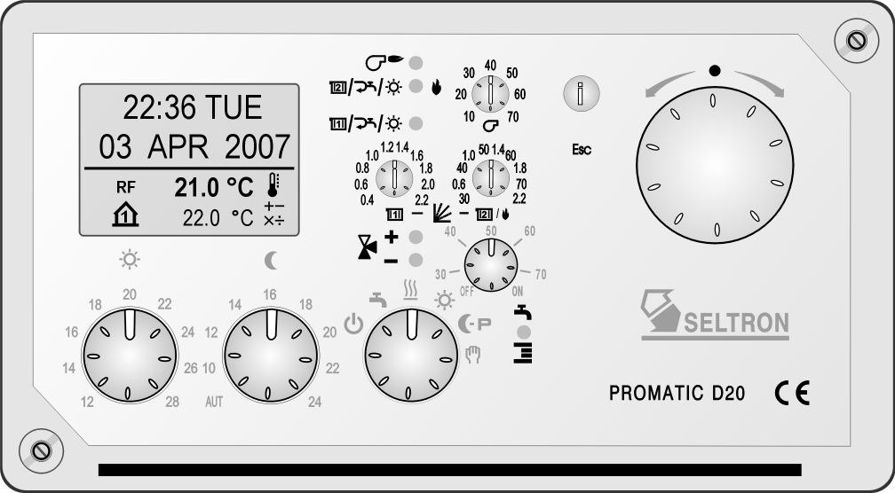 PRZEDNI PANEL REGULATORA D20 2 3 4 5 6 7 1 1 8 9 10 11 1 - Śruby mocujące przedni panel 2 - Ekran LCD 3 - Wybór krzywej grzewczej (MC* ) 4 - Wybór krzywej grzewczej (DC** ) - Ustawianie minimalnej