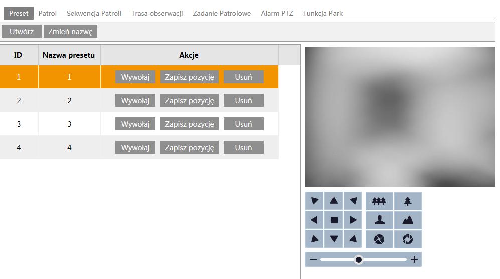 Instrukcja obsługi kamer IP PTZ serii NVIP-3000 wer.1.0. USTAWIENIA 4.3.3 Ustawienia PTZ Preset Zakładka pozwala na skonfigurowanie presetów (sterowanych ujęć programowalnych) w kamerze.
