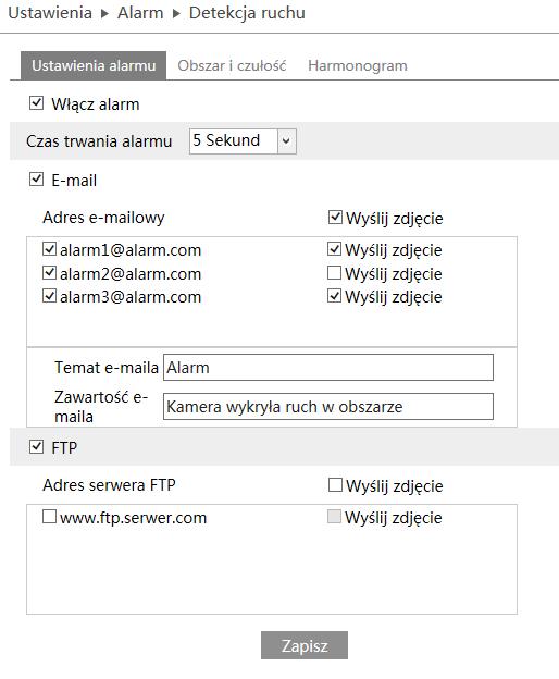 Wybieramy czy na podany adres email wraz z informacja o powstałym alarmie wysyłane są zdjęcia.