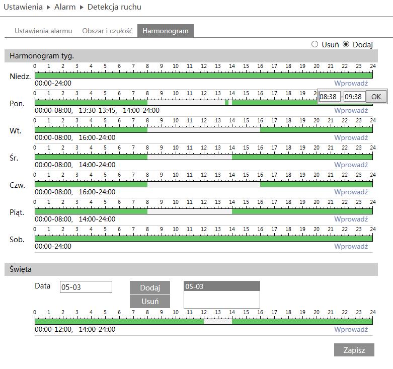 Instrukcja obsługi kamer IP PTZ serii NVIP-3000 wer.1.0. USTAWIENIA Harmonogram Kamera posiada możliwość wprowadzenia harmonogramu alarmów.