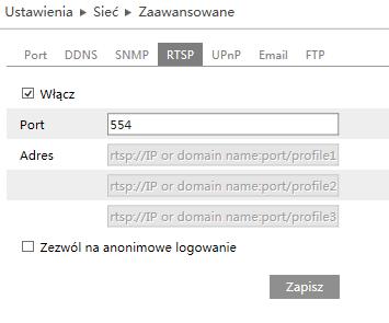 com, dvrdydns, mintdns, www.123ddns.com 4.5.4 SNMP W celu skonfigurowania SNMP należy załączyć wybrana wersję SNMP (v1, v2 lub v3) i skonfigurować ją zgodnie z menagerem SNMP. 4.5.5 RTSP Uruchamiając opcję RTSP użytkownik ma możliwość zdefiniowania portu który zostanie użyty do przesyłu strumienia RTSP.