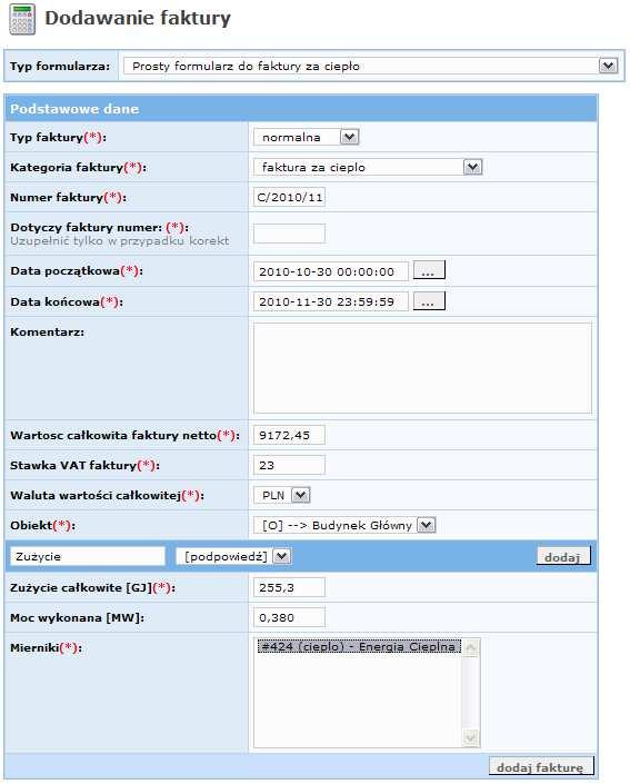 a) dodawanie faktury za ciepło, Prosty formularz do faktury za ciepło Rys. 6.