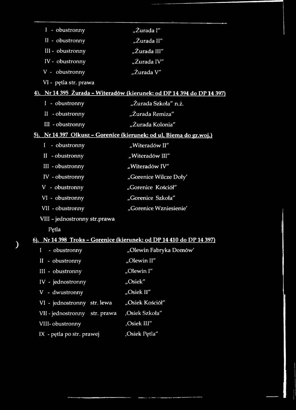 ) Witeradów II" I V - obustronny V V Witeradów III" Witeradów IV" Gorenice Wilcze Doły' Gorenice Kościół" Gorenice Szkoła" Gorenice Wzniesienie' VIII - jednostronny str.prawa Pętla 6).