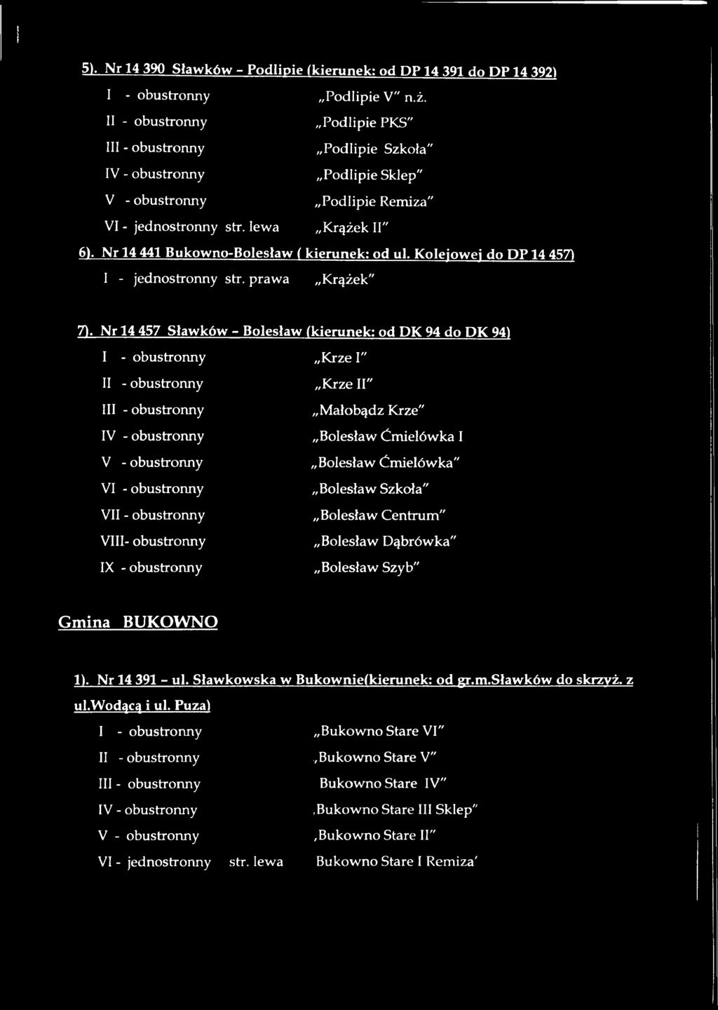 Nr 14 457 Sławków - Bolesław (kierunek: od DK 94 do DK 94) Krze I" I V - obustronny V V VIII- obustronny IX - obustronny Krze II" Małobądz Krze" Bolesław Ćmielówka I Bolesław Ćmielówka" Bolesław