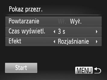 Wyświetlanie pokazów przezroczy Zdjęcia i filmy zapisane na karcie pamięci mogą być wyświetlane automatycznie. Wybierz opcję [Pokaz przezr.].