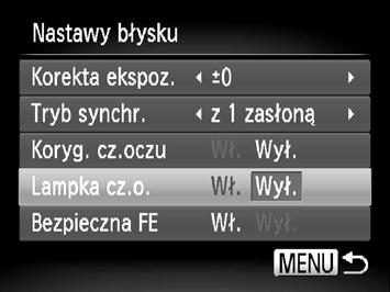 Zmiana ustawień funkcji fotografowania Wyłączanie funkcji redukcji efektu czerwonych oczu Lampka redukcji efektu czerwonych oczu świeci, aby ograniczyć efekt występujący podczas fotografowania w