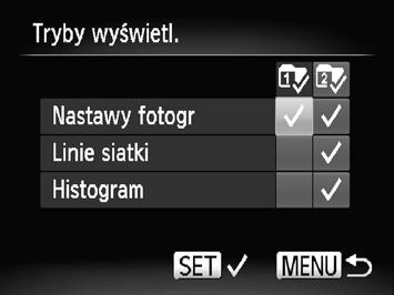 Zmiana ustawień funkcji fotografowania Zmienianie sposobu wyświetlania zdjęcia tuż po jego wykonaniu Można zmienić sposób wyświetlania zdjęcia tuż po zarejestrowaniu. Wybierz opcję [Inf.