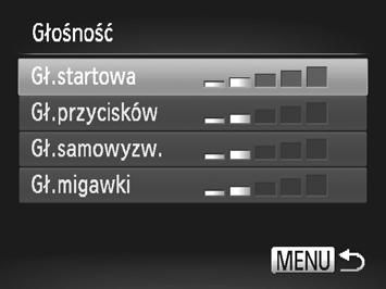 Zmienianie ustawień dźwięku Regulacja głośności Wyświetl menu. Naciśnij przycisk n. Wybierz opcję [Głośność]. Za pomocą dźwigni powiększenia wybierz kartę 3.