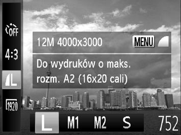 Zmiana ustawienia rozdzielczości (rozmiaru zdjęcia) Do wyboru jest 4 ustawień rozdzielczości. Wybierz ustawienie rozdzielczości. Po naciśnięciu przycisku m wybierz ikonę za pomocą przycisków op.