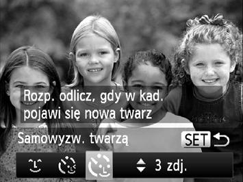 Wykrywanie twarzy podczas fotografowania (Inteligentna migawka) Zmiana liczby zdjęć Po wybraniu w punkcie 1 opcji użyj przycisków op. Zamknięcie obu oczu również zostanie wykryte jako mrugnięcie.