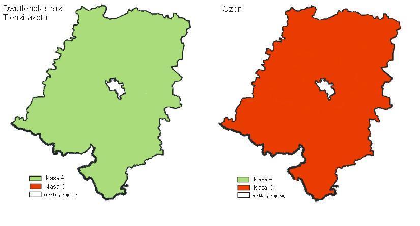 Rysunek 7.Wynikowe klasy stref dla zanieczyszczeń powietrza pod względem kryterium ochrony roślin (stan na rok 2013).