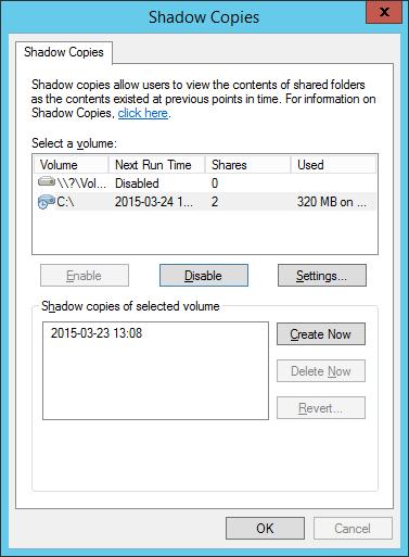 Zauważyć zaistniałe zmiany w zawartości pól Select a volume: i Shadow copies of selected volume a następnie użyć OK. Zamknąć okno konsoli This PC.