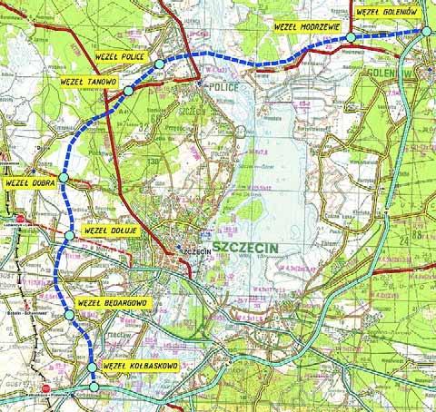 Rys. 9. Mapa przedstawiająca planowane zachodnie drogowe obejście Szczecina [5] 5.