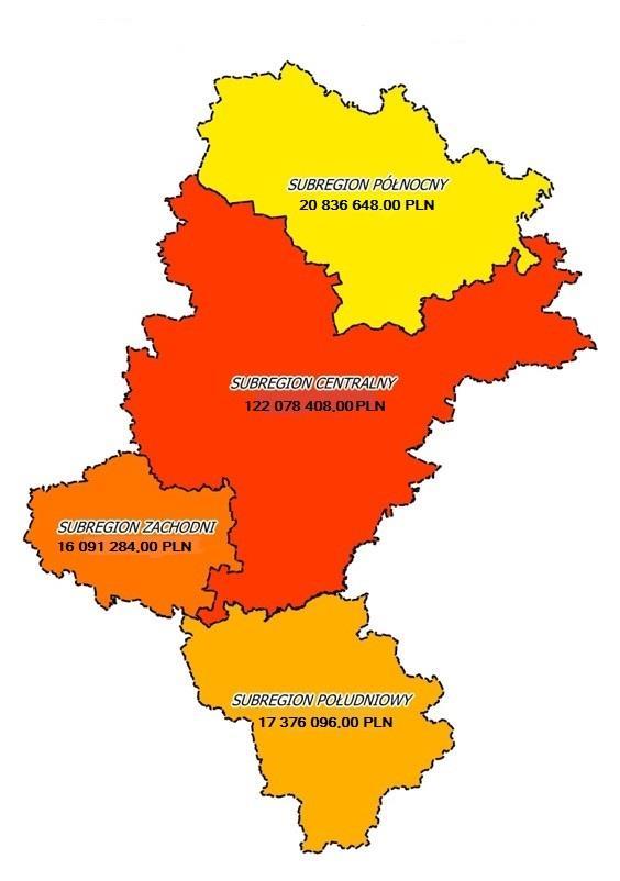 Podział środków w ramach Poddziałań 11.2.1 ZIT, 11.2.2 RIT oraz 11.2.3 - KONKURS W ramach Poddziałań 11.2.1 oraz 11.2.2 dokonano podziału województwa na cztery subregiony: północny, centralny, południowy i zachodni.