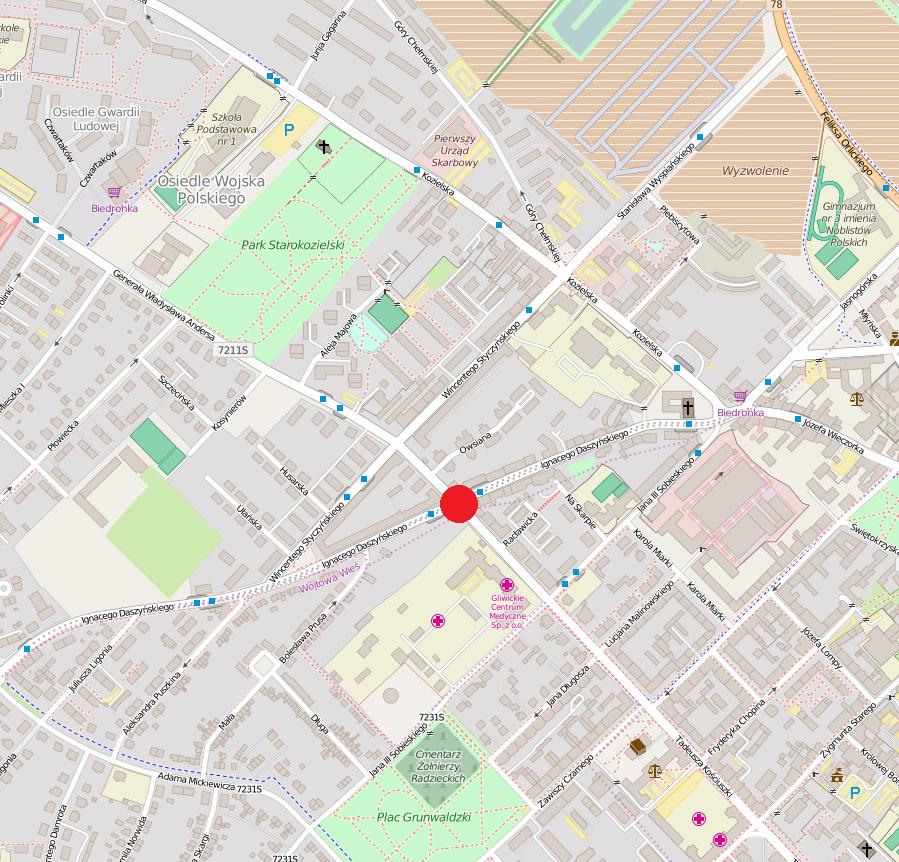 93 11 ANDERSA - DASZYŃSKIEGO - KOŚCIUSZKI LOKALIZACJA: Analizowane skrzyżowanie zlokalizowane jest w części centralnej Gliwic OpenStreetMap