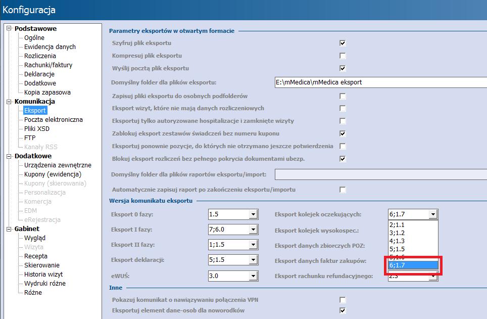 W sekcji konfiguratora "Eksport" dokonujemy ustawienia wartości 6;1.7 pola "Eksport kolejek oczekujących".