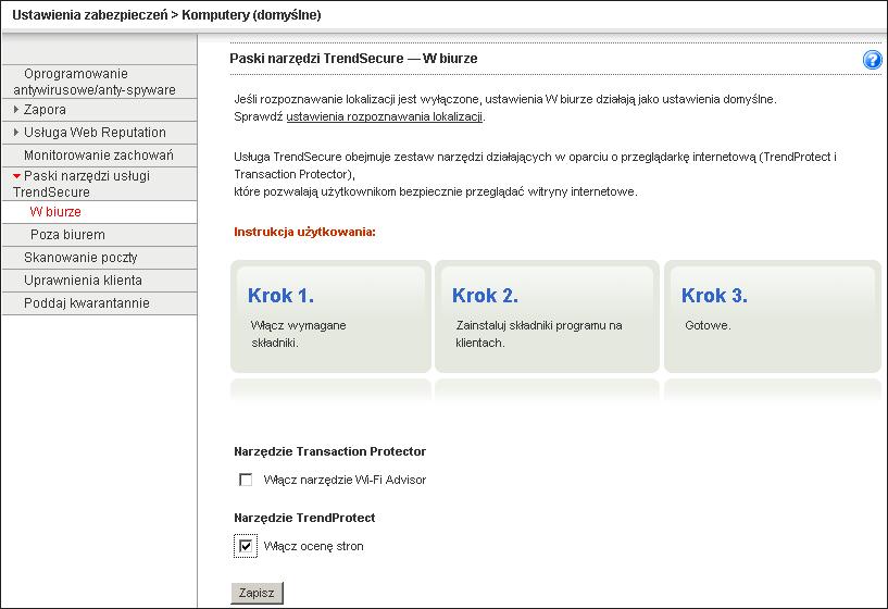 Konfigurowanie grup komputerów i serwerów RYSUNEK 5-5. Ekran Paski narzędzi TrendSecure W biurze Aby dokonać edycji dostępności narzędzi TrendSecure: 1.