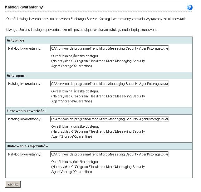 Trend Micro Worry-Free Business Security Advanced 5.1 Podręcznik administratora Konfigurowanie katalogów kwarantanny Należy skonfigurować katalogi kwarantanny na serwerze Microsoft Exchange.