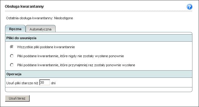 Konfigurowanie serwerów Microsoft Exchange Obsługa katalogów kwarantanny Za pomocą tej funkcji można ręcznie lub automatycznie usuwać wiadomości poddane kwarantannie.