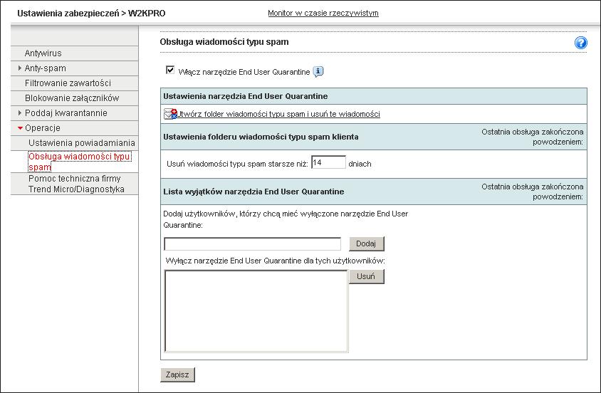 Konfigurowanie serwerów Microsoft Exchange Obsługa wiadomości typu spam Na ekranie Obsługa wiadomości typu spam wyświetlana jest nazwa folderu spamu oraz liczba dni przechowywania wiadomości typu